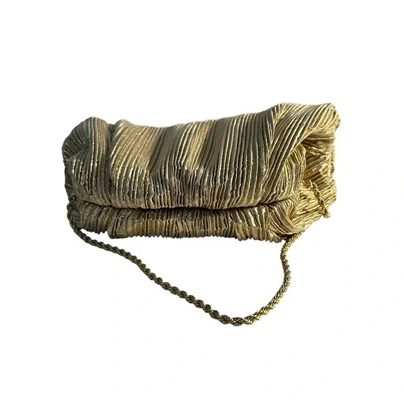 Loeffler Randall Bailey Oro Lame Pleated Clutch Dome Shape Gold Metallic Glam - Picture 10 of 10